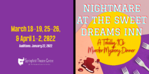 Nightmare at the Sweet Dreams Inn: A Totally 90s Murder Mystery. March 18-19, 25-26 & April 1-2, 2022 Auditions: January 22, 2022